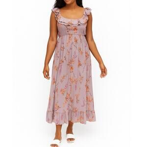 Ruffle Neck Chiffon Midi Dress M Cottage Coquette‎ Brunch Summer Wedding Guest